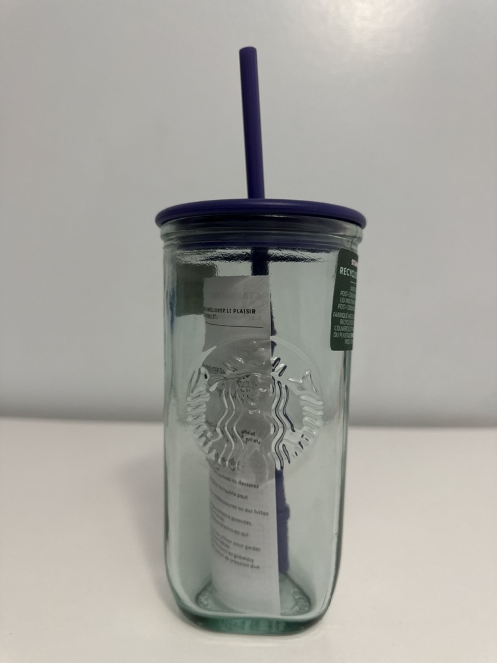 Starbucks Green Glass Tumbler with Purple Lid & Straw